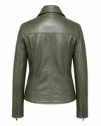 Back view of women's olive sheepskin nappa biker jacket