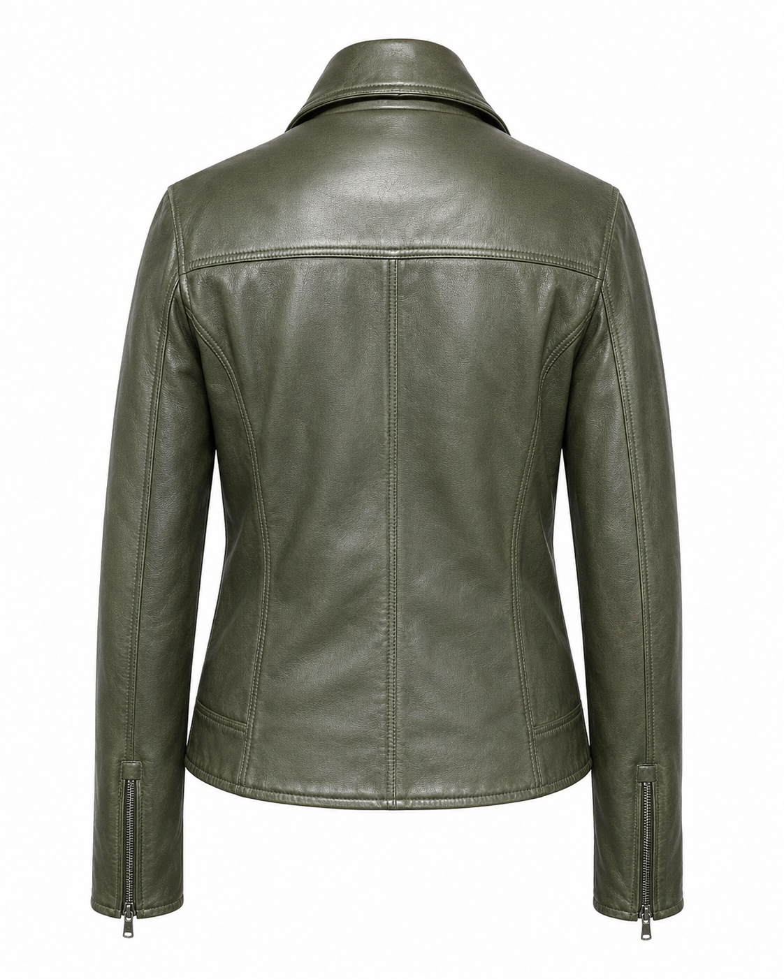 Back view of women's olive sheepskin nappa biker jacket