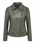 Women's olive sheepskin nappa biker jacket, front view