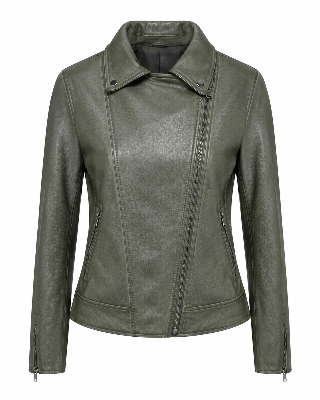 Women's olive sheepskin nappa biker jacket, front view