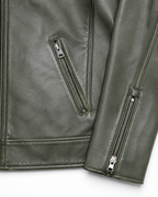 Zipped pocket and cuff detail on olive sheepskin nappa jacket