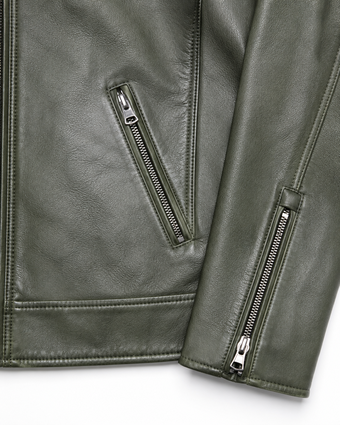 Zipped pocket and cuff detail on olive sheepskin nappa jacket