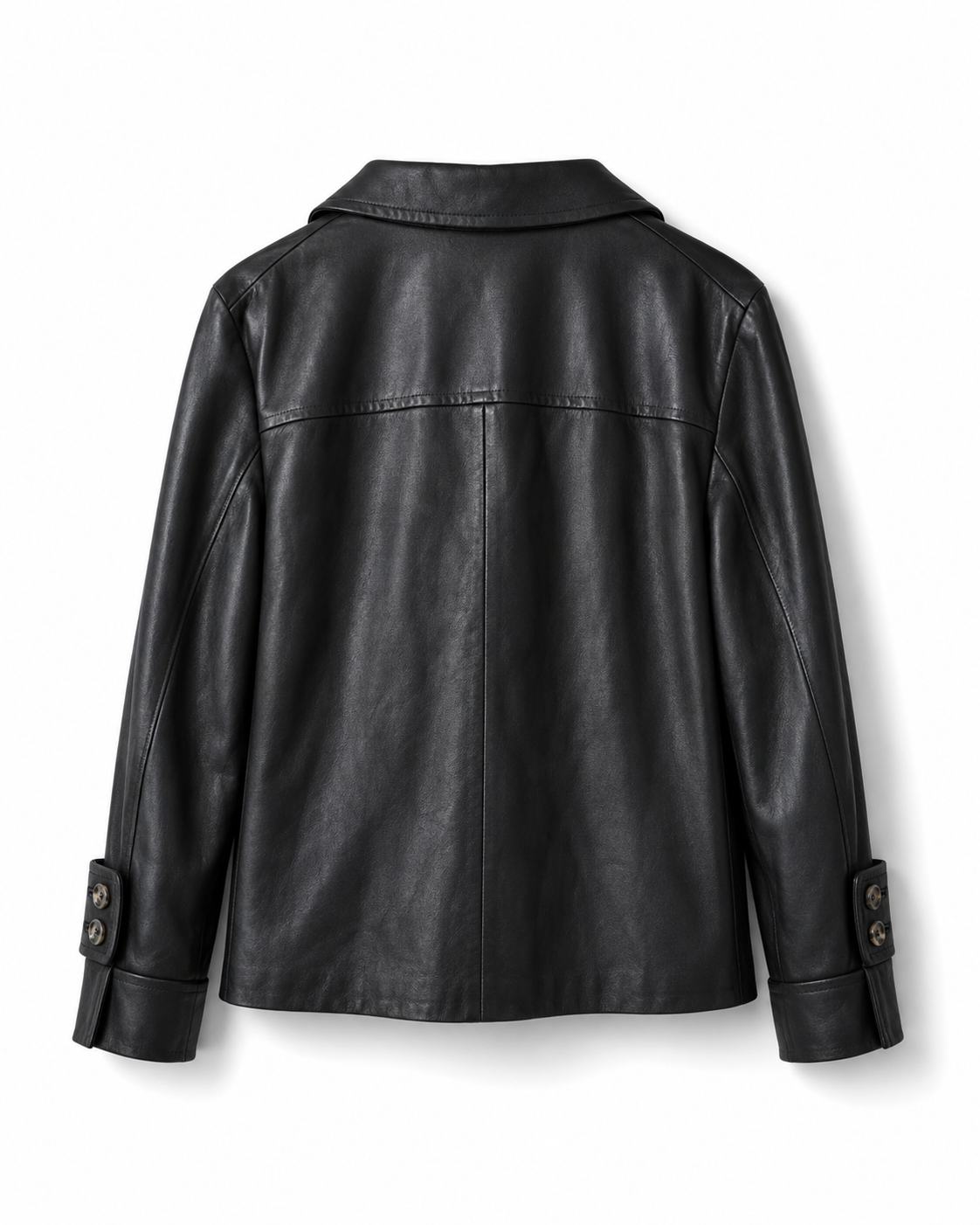 Back view of women’s black sheepskin leather jacket