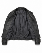 Open black leather jacket showing polyester lining