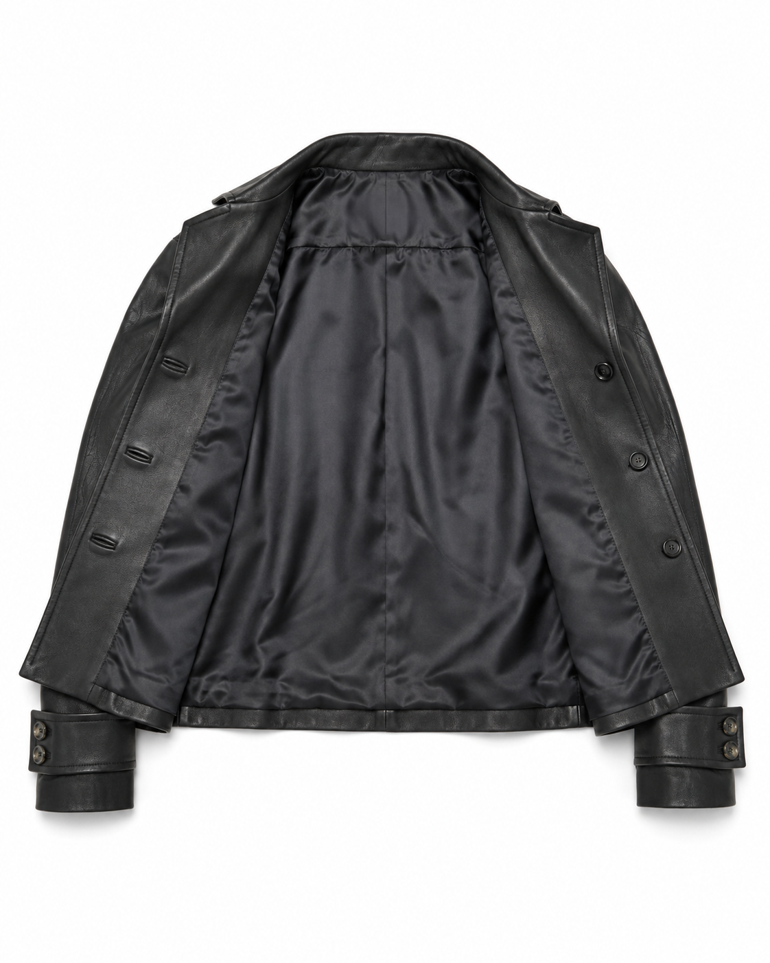 Open black leather jacket showing polyester lining