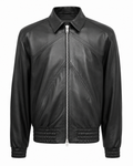 Men’s black panelled sheepskin nappa bomber jacket, front view