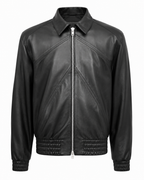 Men’s black panelled sheepskin nappa bomber jacket, front view