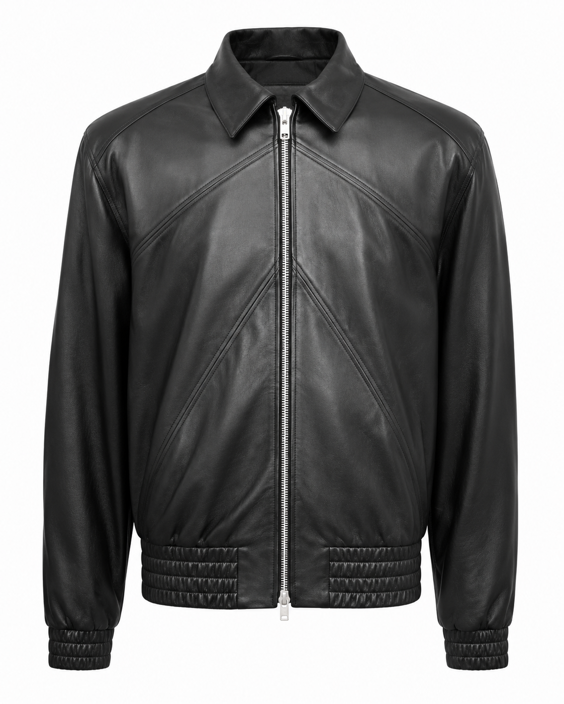 Men’s black panelled sheepskin nappa bomber jacket, front view