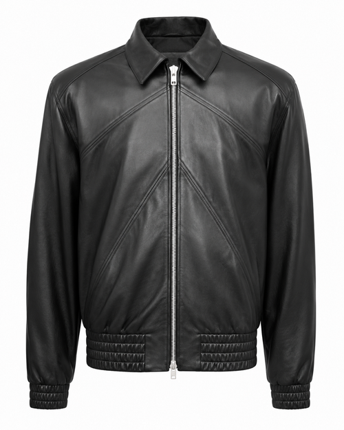 Men’s black panelled sheepskin nappa bomber jacket, front view