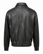 Back view of men’s black panelled leather bomber jacket