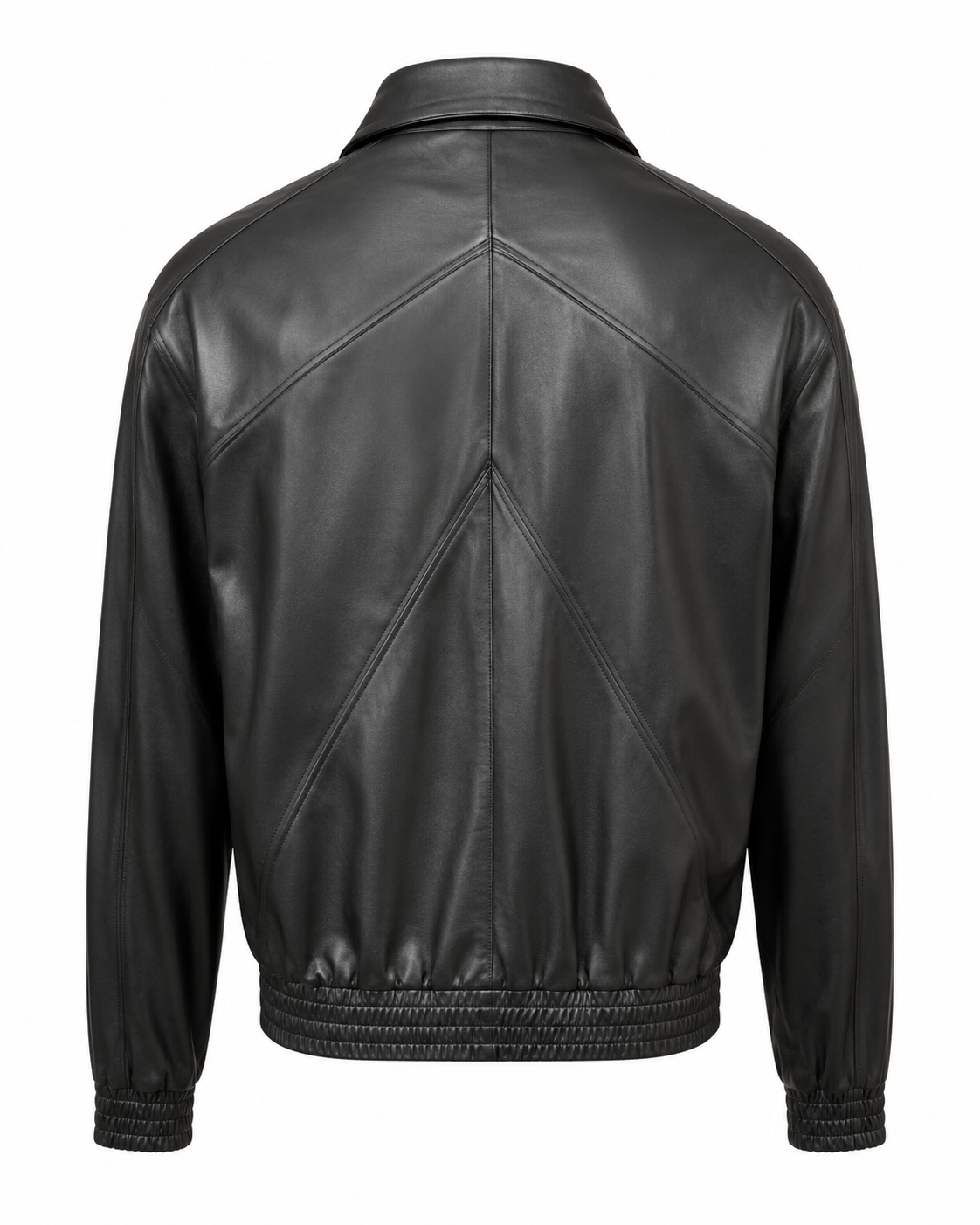 Back view of men’s black panelled leather bomber jacket