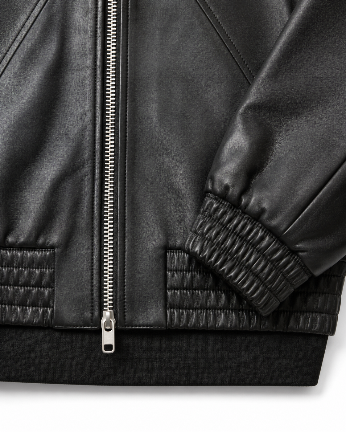 YKK front zip and elasticated leather hem detail