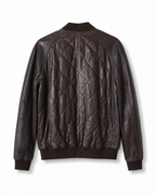 Back view of dark brown diamond-quilted leather bomber jacket