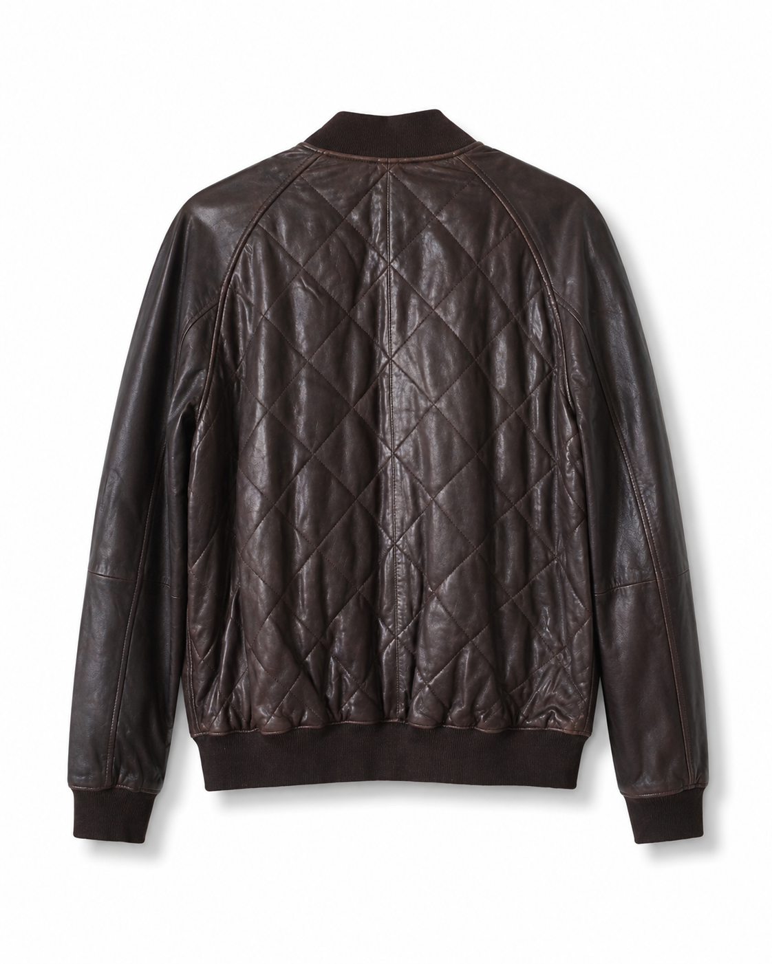 Back view of dark brown diamond-quilted leather bomber jacket