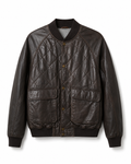 Dark brown quilted sheepskin nappa bomber jacket, front view