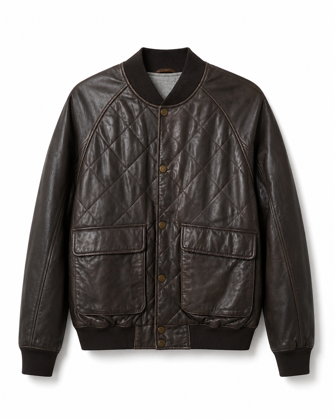 Dark brown quilted sheepskin nappa bomber jacket, front view