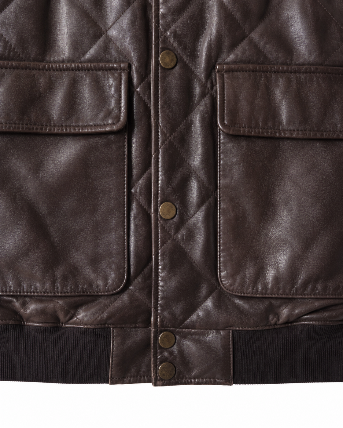 Flap patch pockets and rib-knit hem on leather bomber jacket
