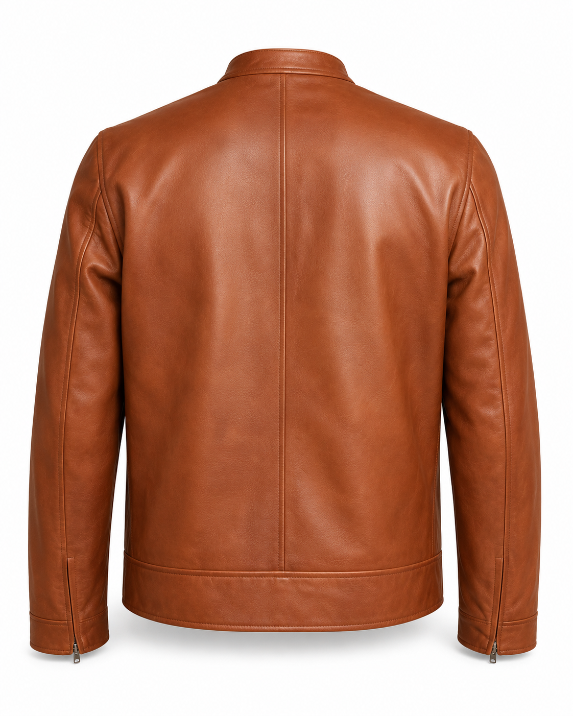 Back view of cognac sheepskin leather café racer jacket