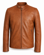 Men's cognac sheepskin nappa café racer jacket front view