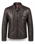 Men’s dark brown sheepskin nappa café racer jacket, front view