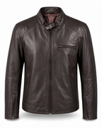 Men’s dark brown sheepskin nappa café racer jacket, front view
