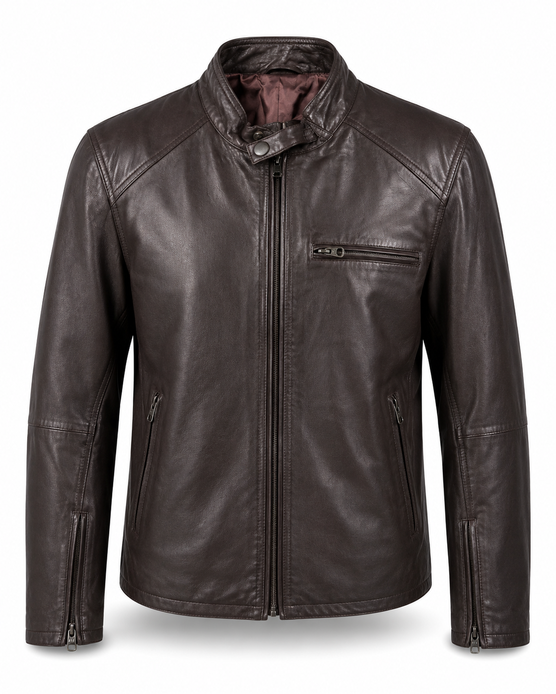 Men’s dark brown sheepskin nappa café racer jacket, front view