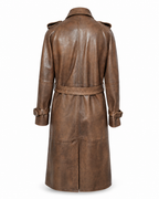 Back view of women’s belted dark brown leather trench coat