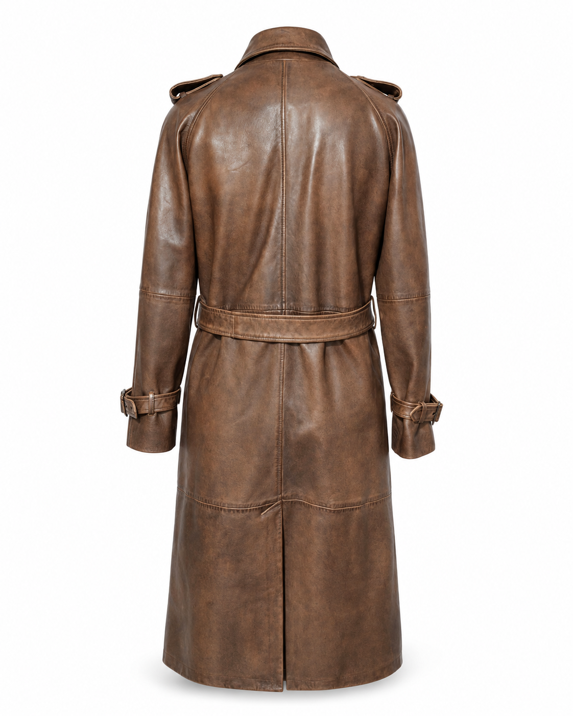 Back view of women’s belted dark brown leather trench coat