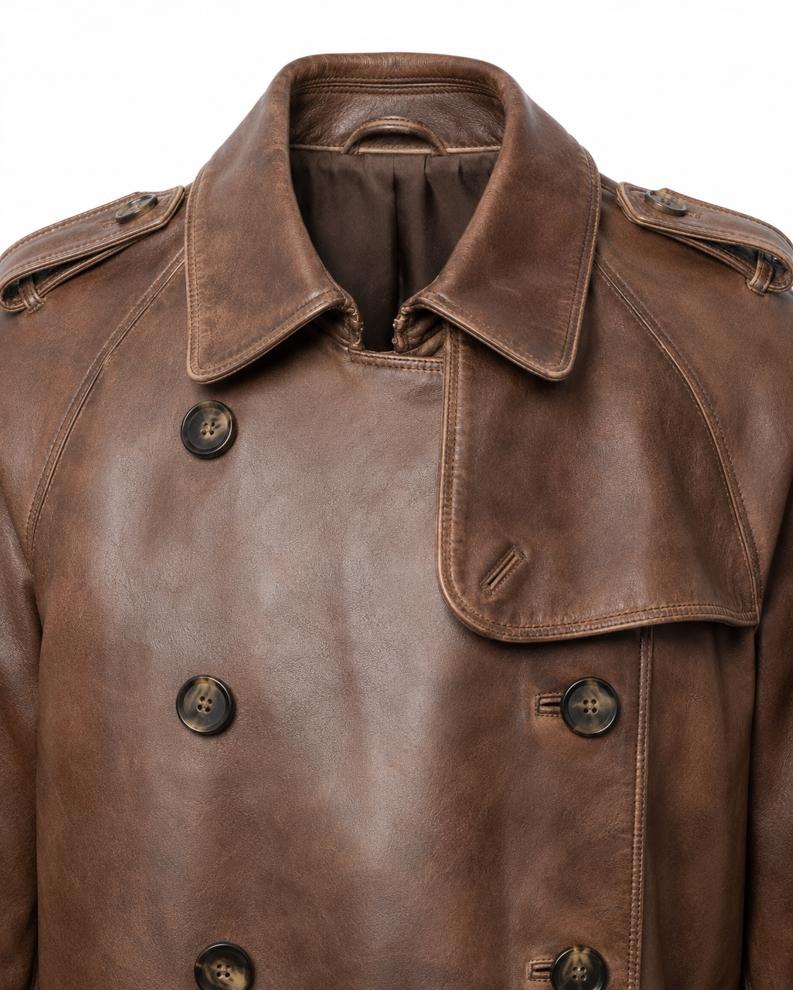 Double-breasted front, collar and storm-flap detail on leather trench coat