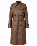 Women’s dark brown vintage-finished sheepskin leather trench coat, front view