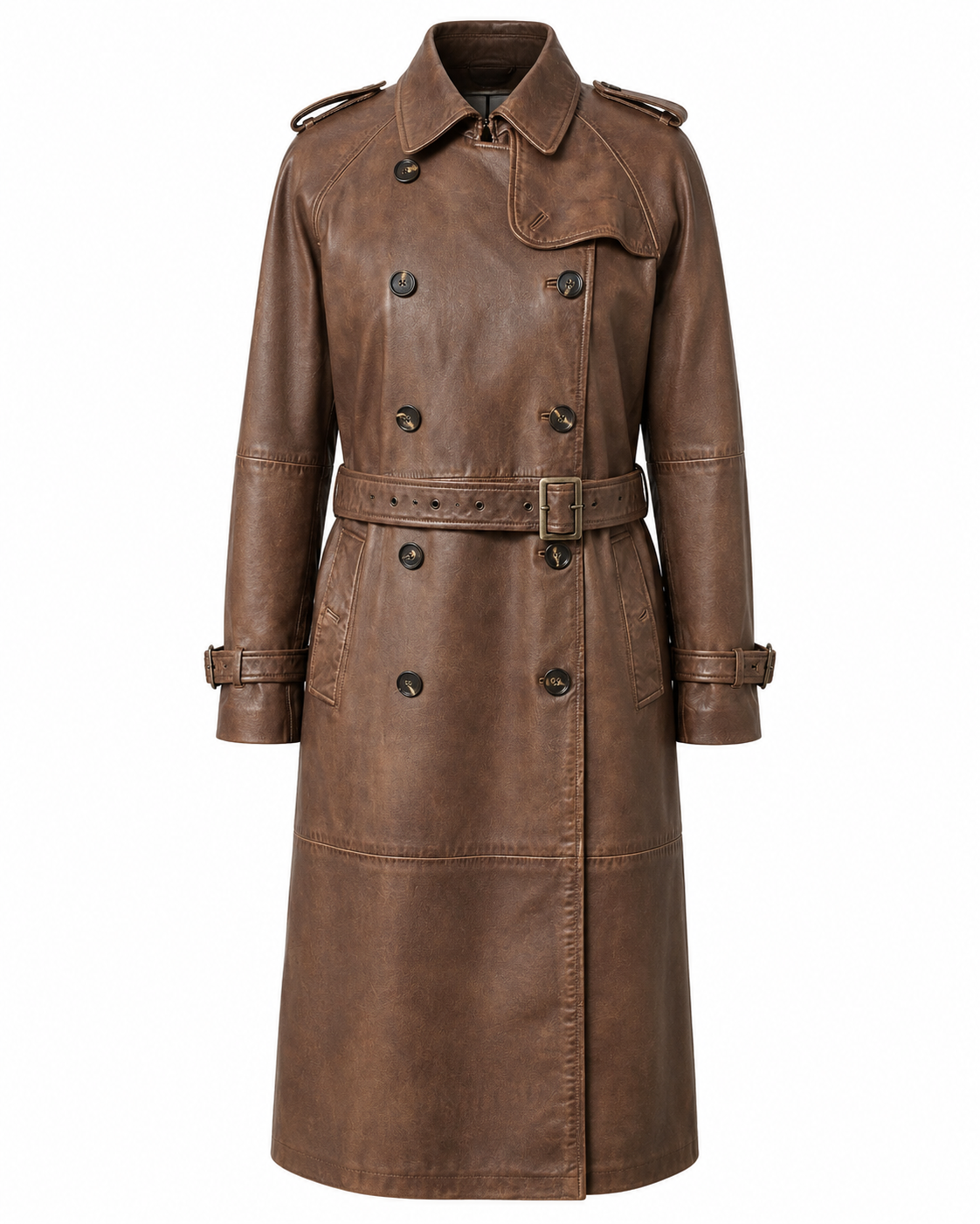 Women’s dark brown vintage-finished sheepskin leather trench coat, front view