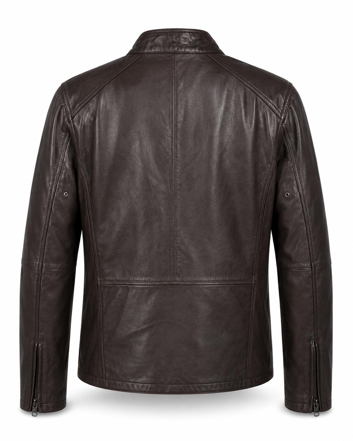 Back view of men’s dark brown leather café racer jacket