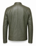 Back view of olive sheepskin leather café racer jacket