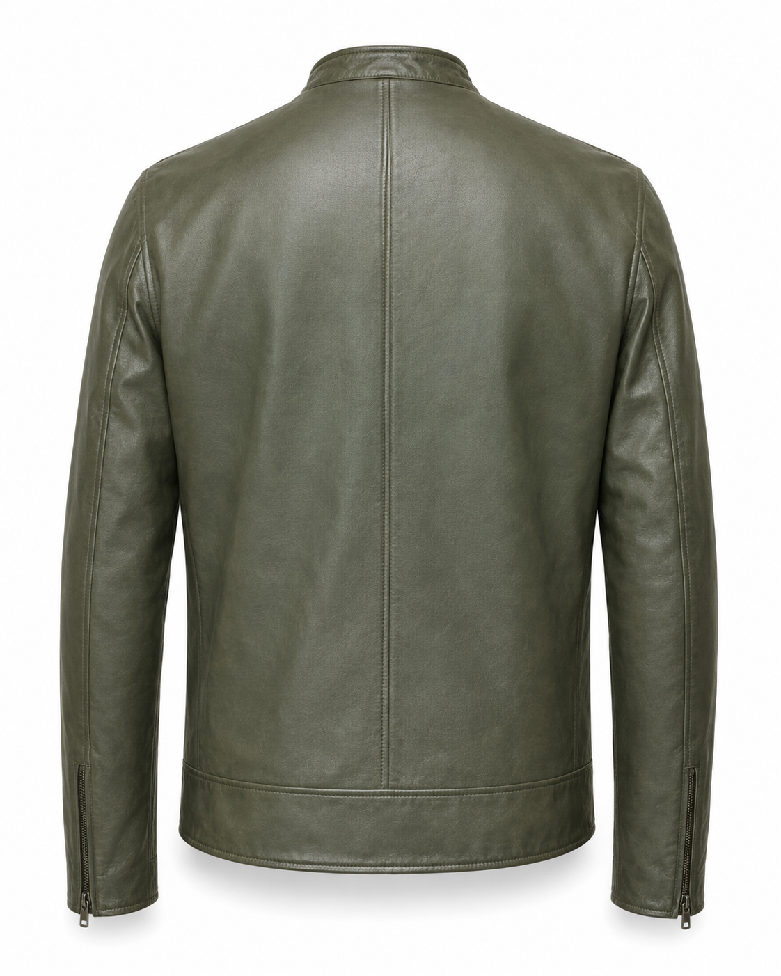 Back view of olive sheepskin leather café racer jacket