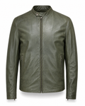 Men's olive sheepskin nappa café racer jacket front view