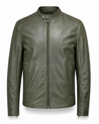 Men's olive sheepskin nappa café racer jacket front view
