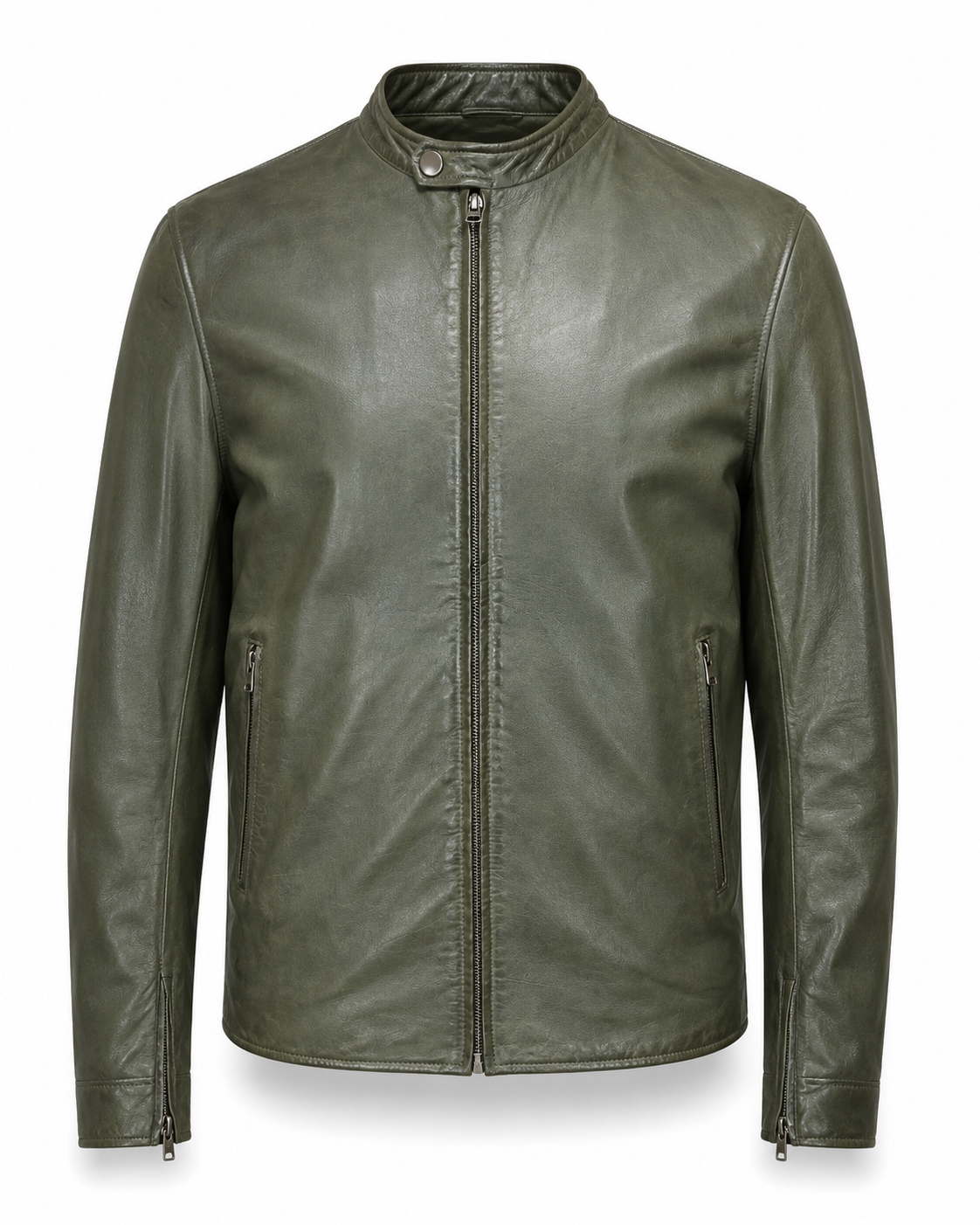Men's olive sheepskin nappa café racer jacket front view