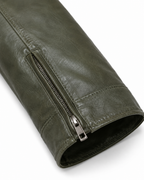Zipped cuff detail on olive sheepskin leather jacket