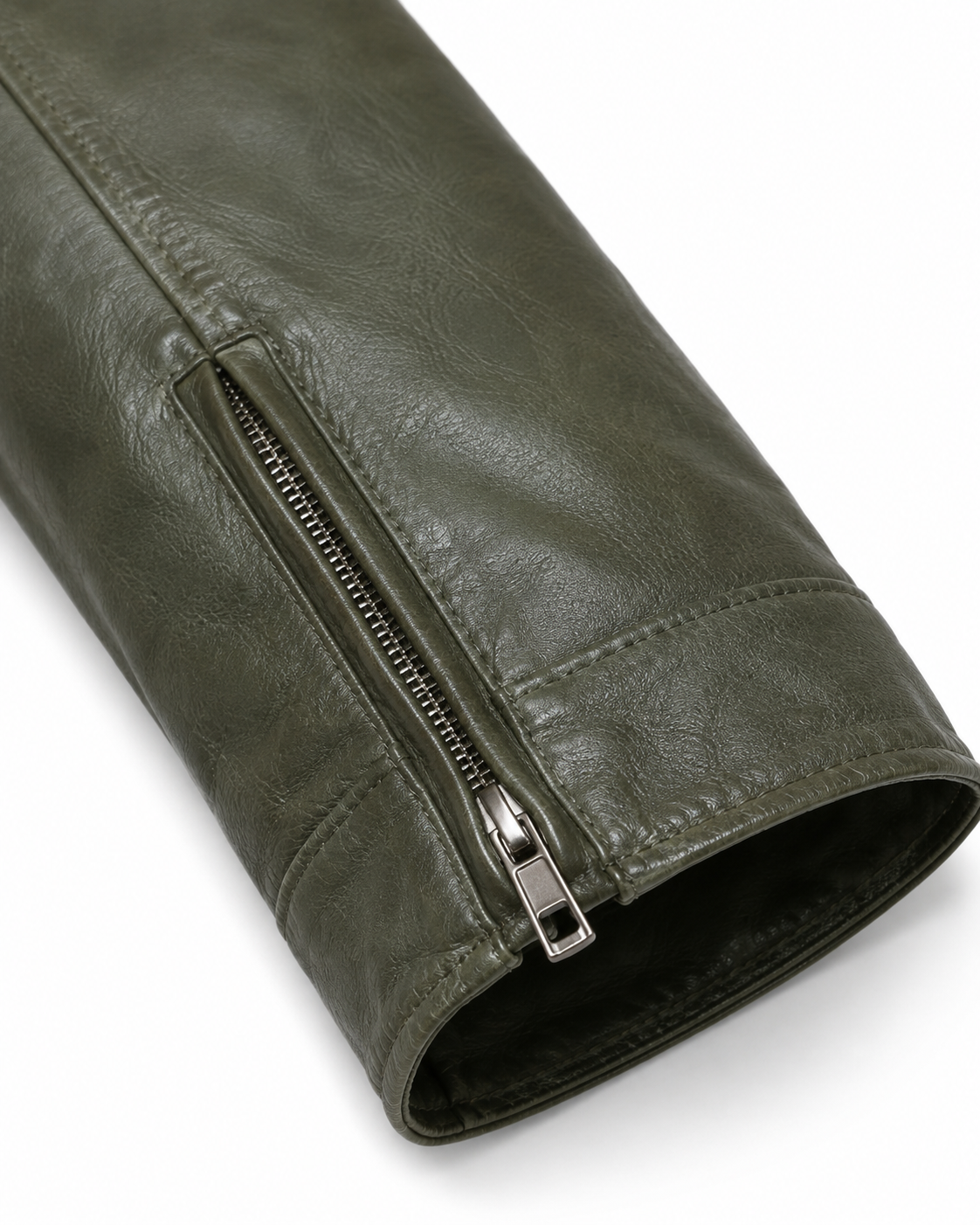 Zipped cuff detail on olive sheepskin leather jacket