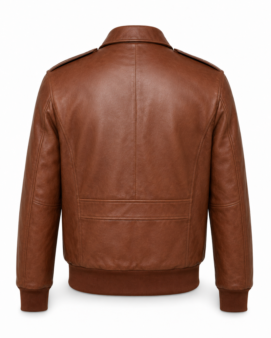 A brown leather jacket shown from the back, featuring a collar, shoulder epaulets, a central seam, and ribbed cuffs and hem, displayed on a clean white background.