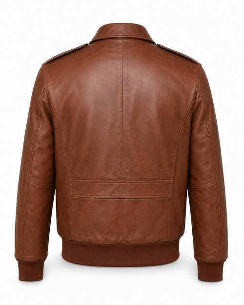 A brown leather jacket shown from the back, featuring a collar, shoulder epaulets, a central seam, and ribbed cuffs and hem, displayed on a clean white background.