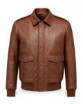 A brown leather aviator-style jacket with a pointed collar, front zipper, shoulder epaulets, and two flap chest pockets, shown on a plain white background.