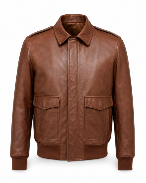 A brown leather aviator-style jacket with a pointed collar, front zipper, shoulder epaulets, and two flap chest pockets, shown on a plain white background.