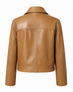 Back view of women’s tan sheepskin leather blazer