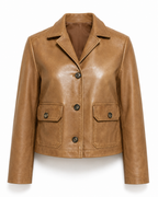 Women’s tan vintage-washed sheepskin leather blazer, front view