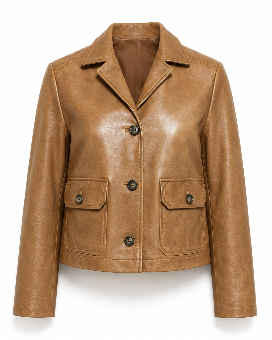Women’s tan vintage-washed sheepskin leather blazer, front view