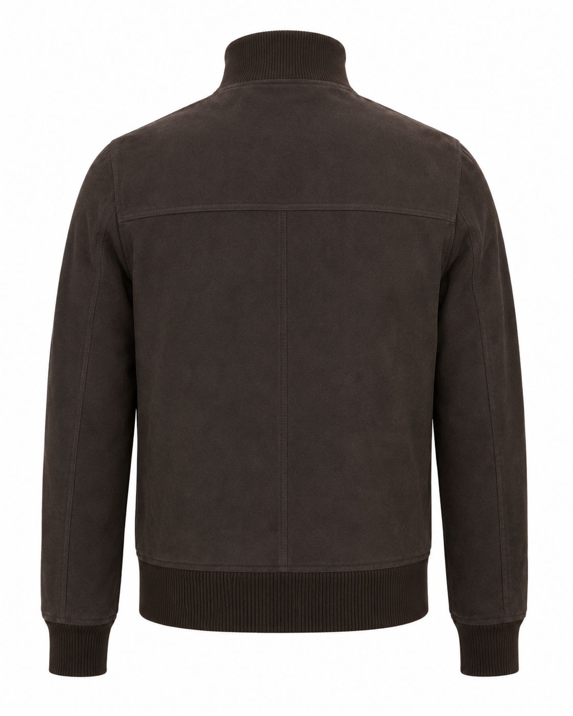 A dark brown suede jacket with a mock neck, ribbed collar, cuffs, and hem, shown from the back on a white background.
