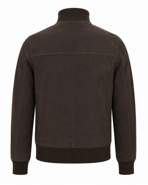 A dark brown suede jacket with a mock neck, ribbed collar, cuffs, and hem, shown from the back on a white background.