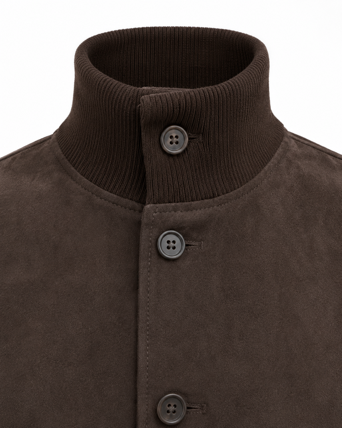 Close-up of a dark brown suede jacket with a ribbed knit mock neck collar and three dark buttons.
