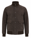 A dark brown suede jacket with a high stand-up collar, button-up front, and two front flap pockets, shown on a plain white background.